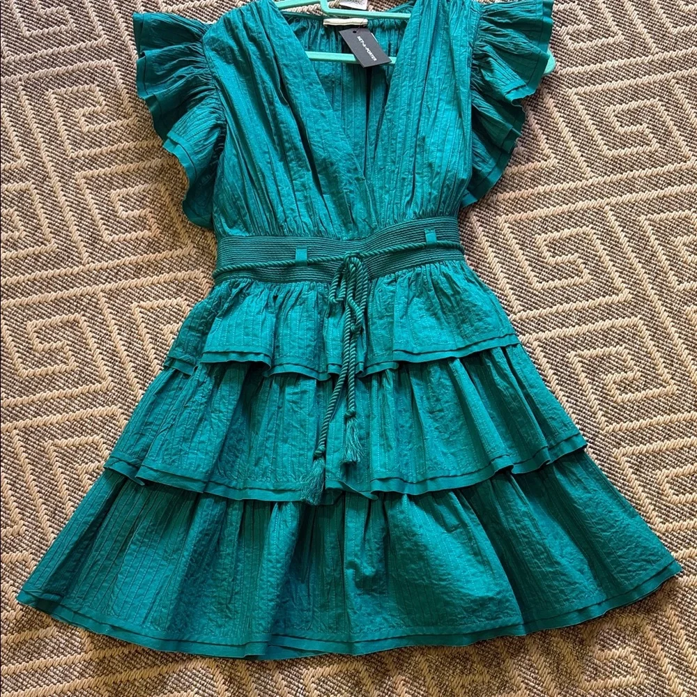 Woman’s' Teal Tiered Ruffle Dress with Waist Tie